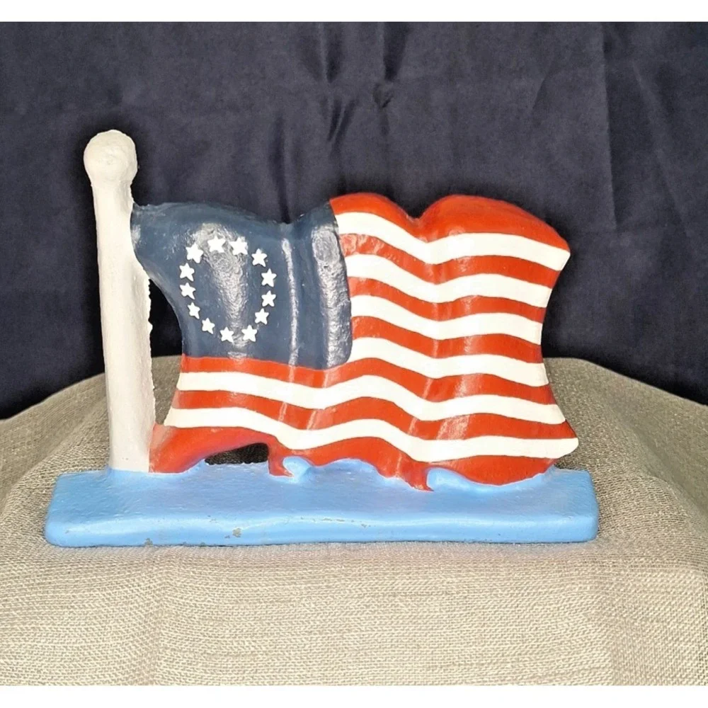 Vntg Door Stop Cast Iron American Flag Colonial 13 Stars Patriotic Doorstop USA